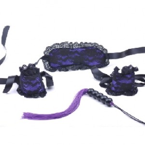 Mask, Wrist Cuffs and Whip Restraint Set Lace Purple and Black